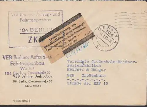 Berlin R4 ZKD-St. Berliner Aufzug- und Fahrtreppenbau 1.2.63 mit braunem Pargaminzettel Aushändigung... ZKD 7