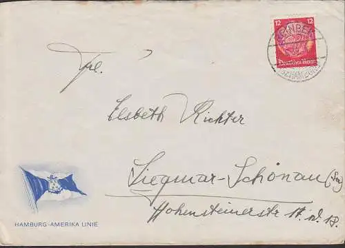 Hamburg-Amerika Linie Schmuckumschlag mit 12 Pf. Hindenburg 20.6.39, Abs. vom Dampfer "COBRA", Reinbek