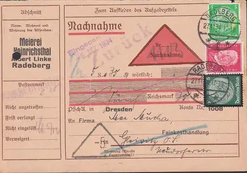 Radeberg Meierei Heinrichsthal, Nachnahmekarte mit "zurück" - Vermerk, 27.11.34