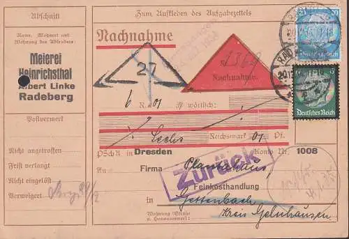 Radeberg Meierei Heinrichsthal, Nachnahmekarte mit "zurück" - Vermerk, 20.12.34