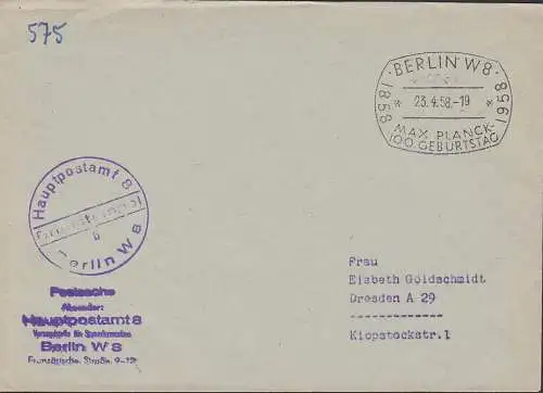 Max Planck SSt. 100. Geburtsstag. Berlin 23.4.58 auf Postsache