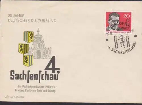 Dresden SSt. 4. Sachsenschau auf Schmuckumschlag 20 Jahre Deutscher Kulturbund mit den 3 Sachsenwappen