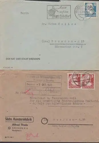 Dresden zwei Ortsbriefe mit Vierchow bzw. 8 Pfg(2) Karl-Marx, PSF Achtet auf den Kartoffelkäfer, Kunstdarmfabrik