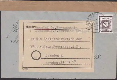 Dresden-Bad Weisser Hirsch, 17.9.45 10 Pf. nach Dresden, Kat.  45A überfrank. Ortsbrief