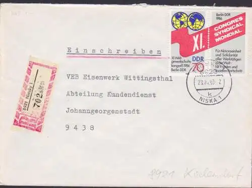 Niesky, Niska zweispr. Stempel, R-Brief mit Weltgewerkschaftskongress 1986, Zdr. 3049, 23.4.89