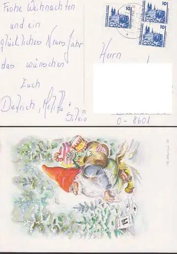 Meissen Albrchtsburg 10 Pf., 3344(3) auf signierter Glückwunschkarte mit Zwerg, Gnom