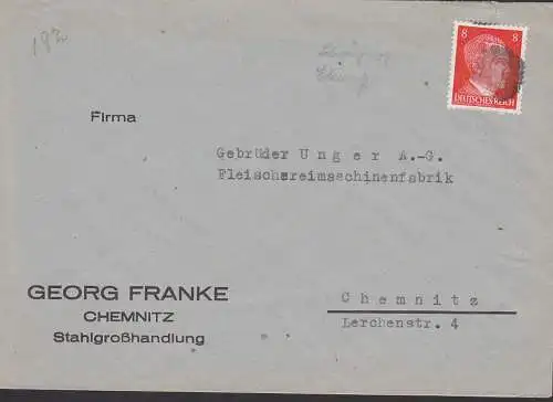 Chemnitz Stahlgroßhandlung Ortsbrief mit 8 Pf. Hitler-Schwärzung, ohne Poststempel, Sächsische Schwärzung