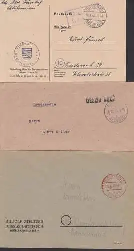 Dresden drei Briefe mit Gebühr bezahlt-St., Barfrankatur, 6.12. bzw. 10.12.45, 18.1.46 von Behörde betr. Steuern