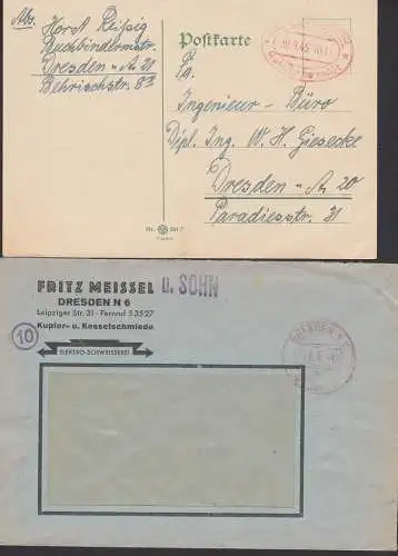 Dresden zwei Briefe mit Gebühr bezahlt-St., Barfrankatur, 7.8. bzw. 30.9.45