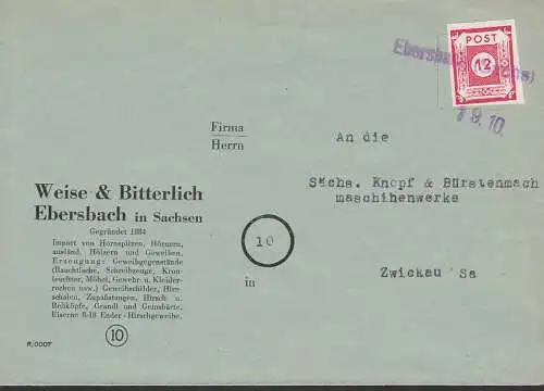 Ebersbach (Sachs) 19.10.45 Notstempel Fernbrief Abs. Weise & Bitterlich, Firmenbedarf