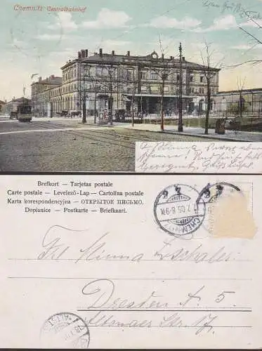 Chemnitz Centralbahnhof 1905 mit Straßenbahn, Pferdedroschke