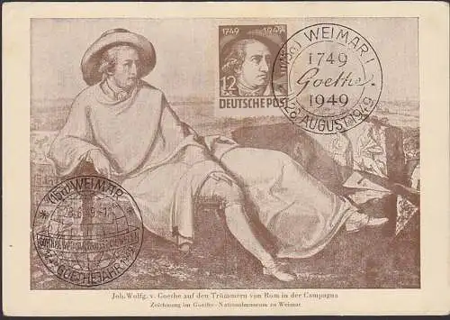 MC 235 SBZ, Wolfgang Goethe Maximumkarte, 2 verschiedene SoSt.  Weimar 1749 - 1949 Goethejahr