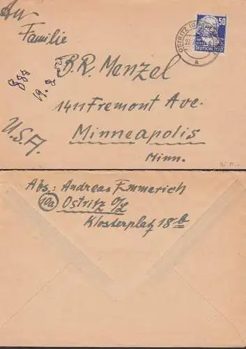 Ostritz Oberlausitz 50 Pfg. Karl Marx auf Auslandsbrief nach Minneapolis USA, portogenau