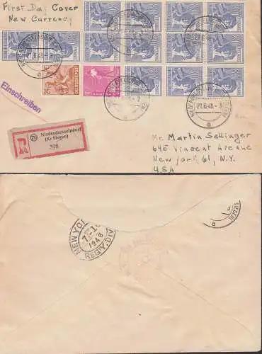 Niederdresselndorf (Kr. Siegen) R-Auslandsbrief nach USA 10-fach-Frankatur 21.6.48, Ersttag