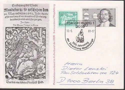 Magdeburg SoSt. 350. Jahrestag der Zerstörung Schmuckkarte 10.5.81, Otto von Guericke, Magdeburger Halbkugel