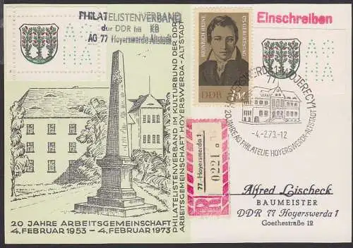 Hoyerswerda Vignette mit perfin-Andeutung gez. und geschnitten, R-Schmuck-Kt, Postmeilensäule, 1,- M Heinrich Heine