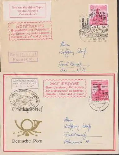 Potsdam Brandenburg 5.5.57 Schiffspost 2 Briefe mit Vignette SoSt. Elbe-Havelschau, Zuschlagsmkn Helft Ägypten, Ungarn