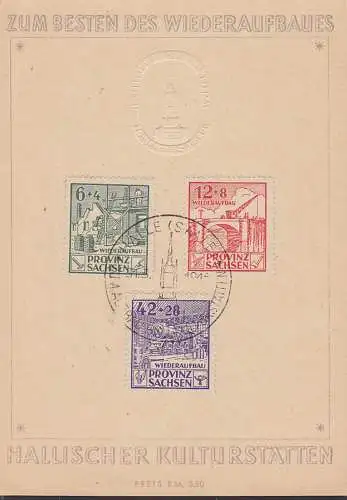 Gedenkblatt Halle zum Wiederaufbau, Provinz Sachsen  SoSt. 31.3.1946, Prägekarte, Preis RM 3,50