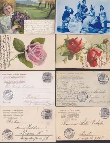 Germania 2 Pf. vier Glückwunschkarten im Ortsverkehvon 1904 bzw. 05, Rosen, Veilchen, Spinnrad