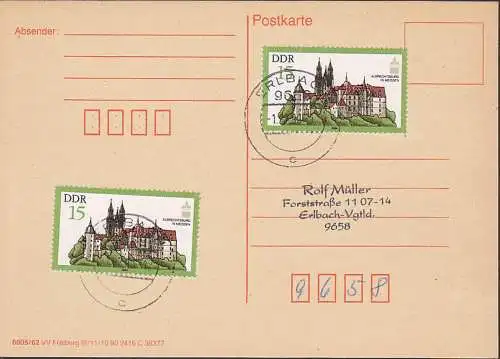 Albrechtsburg Meissen, 15 Pfg. Karte  Kat. 2870, portogenau OSt. Erlbach 1.7.90 mit neuer Gebühr durch Währungsunion