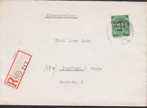 Schleusingen R-Brief 84 Pf. Ziffer mit SBZ-Aufdruck  nach Naumburg, Kat. 211, rs- Eing.-St.