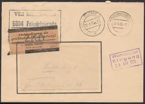 Friedrichroda R3 ZKD.St. VEB Möbelwerke 22.4.65 mit braunem Pergamin ZKD 7-Zettel Aushändigung als gew. Sdg.