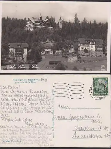 Brückenberg Fotokarte Hotel und Terassen, Kirche Wang, Original Photoabzug 30.6.41