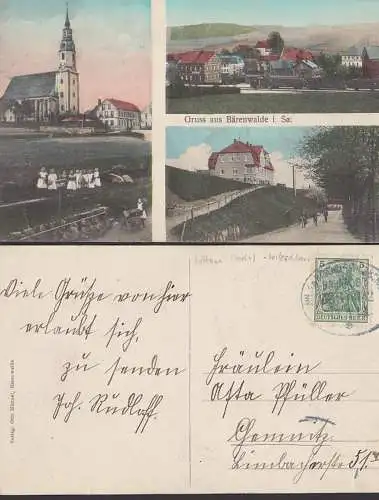 Bärenwalde Gruss aus.. 3 Ansichten Kirche Bahnhof, Bahnpostst. Wilkau - Wilzschhaus 1913