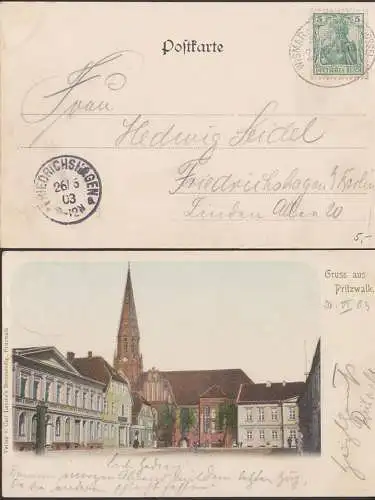 Pritzwalk Gruss aus - Karte 26.3.1903 mit Bahnpostempel Wismar - Neustadt (Dosse), Kirche Marktplatz