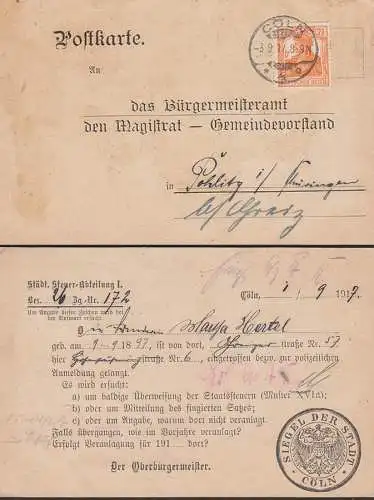 CÖLN Postkarte  3.9.17 mit Texteindruck "An das Bürgermeisteramt ---" rs. Siegel der Stadt Steuer-Abteilung