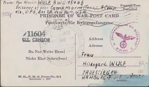 Kriegsgefangenen-Postkarte aus New York US CENSOR und "geprüft" Oberkommando der Wehrmacht., 27.3.44