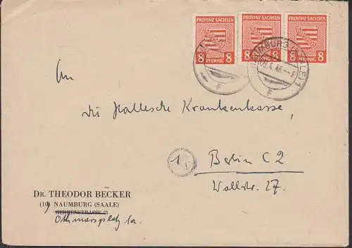 Naumburg (Saale) Fernbrief mit 8 Pfg. Wappen 77X(3) an Hallescxhe Krankenkasse Berlin C2