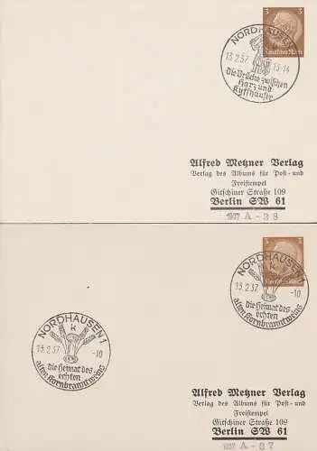 Nordhausen 3 Pf. Hindenburg-GA mit privatem Zudruck "Alfred Metzner Verlag", SoSt. Nordhausen Heimat des alten Kornbrant