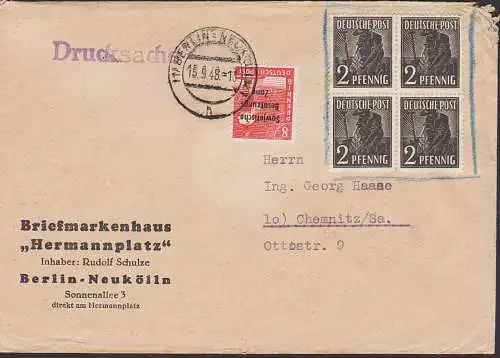 Berlin-Neuköln Drucksache 2. Gew. Stufe 15.9.48 nach Chemnitz, Berlin (West) Mitläufer mit 8 Pfg. SBZ-Aufdruckmarke