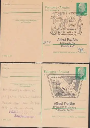 Wien zwei SoSt. 100 Jahre Wiener Sicherheitswache, 20 J. Sport und Kultur, je auf Antwortpostkarte DDR P77