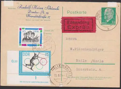 Eil-Postkarte mit zwei Sperwerten portogenau, Olympische Winterspiele 1964, Deutschandtreffen der Jugend in Berlin