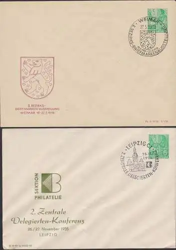 Weimar, Leipzig SoSt. je auf 5 Pfg. Privatumschlag Ausstellung 22.5.56, Delegierten-Konferenz  26.11.55