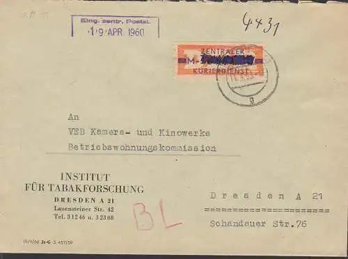 Dresden ZKD-Ortsbrief mit B22 M 14.4.60 Abs. Instiitut für Tabakforschung, lfd. Nr. unkenntlich gemacht