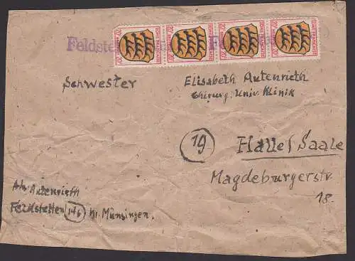 Feldstetten Z1 auf großem Briefabschnitt bzw. Pn, frankiert mit 20 Pfg.(4) Einheitsausgabe, Zahnmängel
