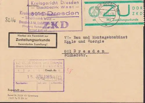 Dresden Kreisgericht Stadtbezirk West,  ZKD-Brief  je mit Zustellungsurkunde  E1 17.6.65, saubere Zähnung
