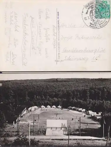 Friedrichsbrunn über Gernrode (Harz) Fotokarte vom Zeltplatz Ferienlager Erich Weinert SoSt. 22.7.59, Skiläufer