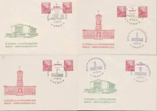 Berlin-Hohenschönhausen 4 Belege mit SoSt. II. DEBRIA 1959, versch. Umschläge, Rotes Rathaus, Sporthalle