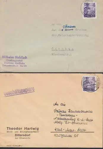 Fünfjahrplan I, 16 Pfg.  Mi. 369, zwei Briefe, Cottbus, Dittersdorf  Karl-Marx-Stadt 10.11.53, Abs. noch Chemnitz