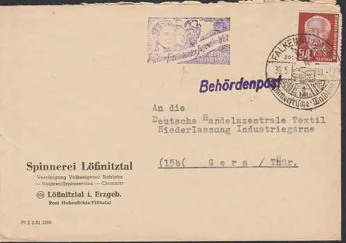 Falkenau (Sachsen) SoSt. 30.5.51 mit Waldbad, Behördenpost, seltener separater Werbest. Weltfestspiele Berlin 1951