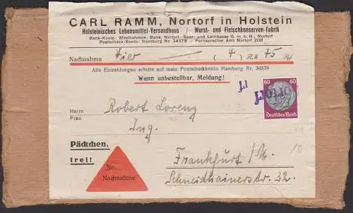 Nortorf Päckchen-Adresse mit Nachnahme, 60 Pf. Hindenburg  nach Frankfurt, Mi. 526, Abs. C. Ramm Lebensmittel-Versandh.