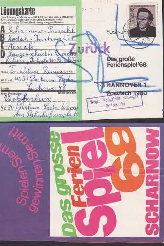 Bochum Postkarte Lösungskarte nach Hannover R2 Wegen Nachgebühr verweigert Briefausgabe, "zurück"