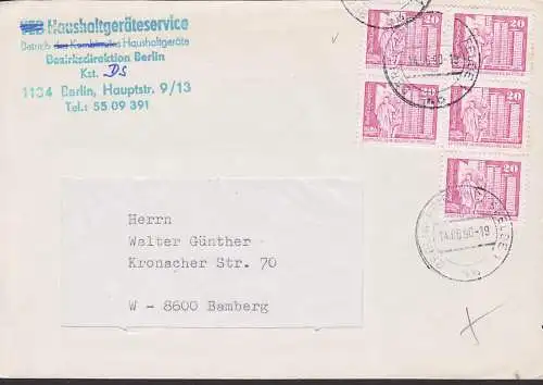 Berlin-Friedrichsfelde DDR 2485(5), 14.6.90, Doppelbrief, Abs. VEB Haushaltgeräte, VEB gestrichen, sowie  Kombinat