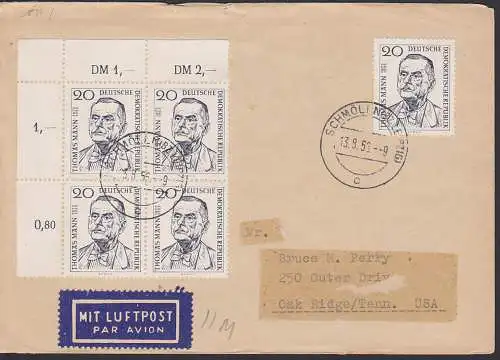 Thomas Mann 20 Pfg. (5) Mi 534 Auslands-Lp-Brief nach Oak Ridge /Tennesee USA aus Schmölln 13.8.56 - Ersttag