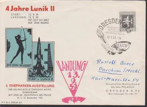 Dresden roter Cachet-St. Lunik II 13.9.59 Landung, SoSt. 12.9.63 Vordruckbrief, Geophysik - Weltraum