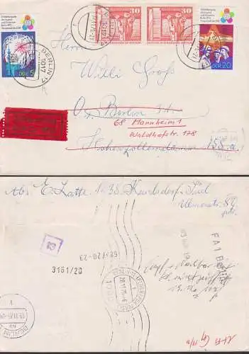 Berlin Eilbrief mit Weiterletung nach Mannheim 17.11.75, Abs. Kaulsdorf, rs. Bearbeitungsvermerke,  1 Mke defekt